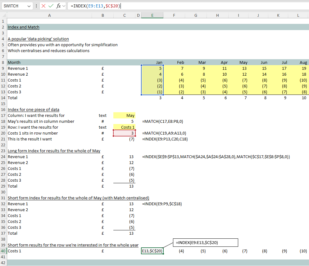 3 Index results for one row